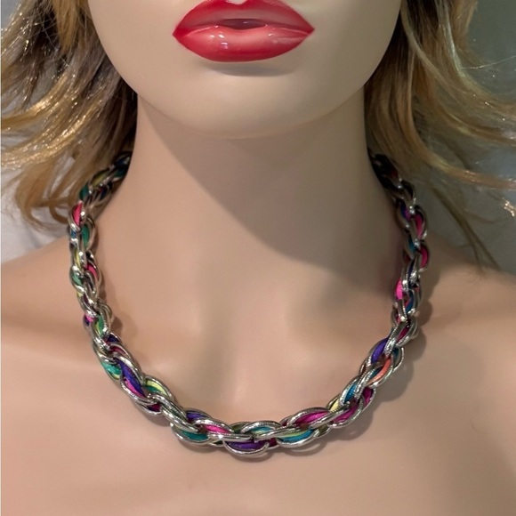 Belle Miss Multi-Color Ribbon Woven Silver Tone Statement Necklace - Picture 3 of 10